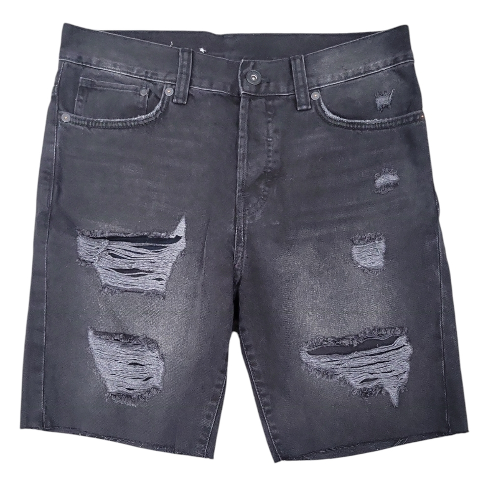 &Denim Straightfit Distressed Washed Black Denim Shorts Size 30 Waist